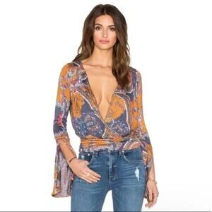 Free People Paisley Wrap Blouse Fiona Top V Neck Yellow Small